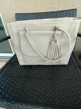 Kate Spade New York Large Leather Tote Purse Cream Ivory Shoulder Bag Work Lapto
